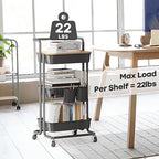 DTK 3 Tier Rolling Cart Uility Cart with Cover Board, Mobile Storage Cart with Wheels, Cups, Hooks for Office Utility Kitchen Bathroom Homeschool Art Craft Postpartum Teacher Cart Organizer(Black) - Image 5