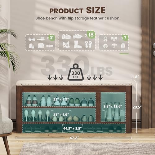 Shoe Bench for Entryway, Solid Rubberwood Shoe Bench with Hidden Storage, Adjustable 2-Tier Shelves & Soft PU Leather Seat, Shoe Rack Durable Easy Assembly for Hallway or Bedroom - Beige, 47.2" - Image 3