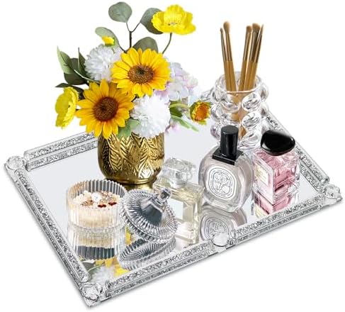 Large Mirror Perfume Tray for Dresser,Silver Crushed Diamond Filled by YCWF