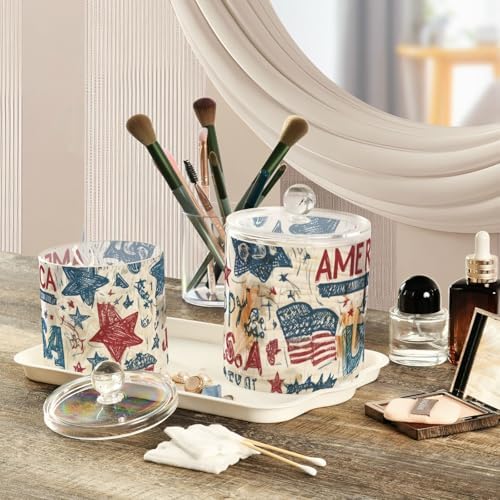 White Patriotic Stars July 4th Qtip Holder Waterproof Dustproof Apothecary Jars with Lids For Bathroom Cotton Swabs Makeup Sponges Floss Picks Bath Salts 2 Pack - Image 5