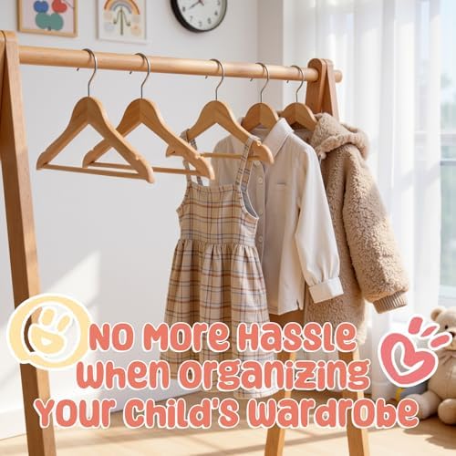 Kids Wooden Hangers 20 Pack, Solid Wood Baby Hangers,12.6" Kids Hangers with Pants Bar,Shoulder Notches,Swivel Hooks,for Toddler Kids Clothes(Natural) - Image 6