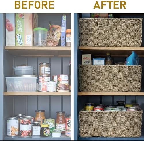 HOMESTEAD 2-Pack Rectangular Seagrass Storage Baskets with Built-In Handles, Handwoven Wicker Baskets for Pantry, Shelf, Closet & Bathroom Organization, 13.25 x 8.25 x 7.25 in - Image 5