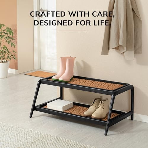 Anji Mountain Heavy Duty Waterproof Wooden Shoe Storage Mat Organizer/Boot Storage Tray Multi Use for Entryway with Coir, Tan and Black Insert, 2 Tier, Fits 6 Pair (36.5" Wide) - Image 5