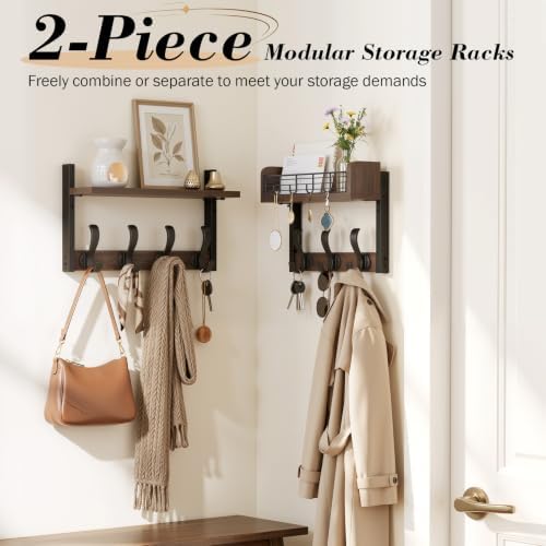 Delamu 29" Large Coat Rack Wall Mount with Shelf, 4 in 1 Shelf with 11 Hooks, Wooden Key and Mail Holder for Wall for Entryway, Living Room and Bedroom, Brown - Image 2