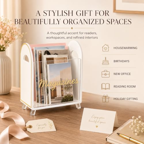Khen Acrylic Magazine Rack Holder & Gold Trim - 12.40" x 10" x 4.49" - Crystal Lucite Clear - Shatterproof - Open Top - Space Saver - For Magazines, Publications, Office Desk, Reception, Waiting Room - Image 4