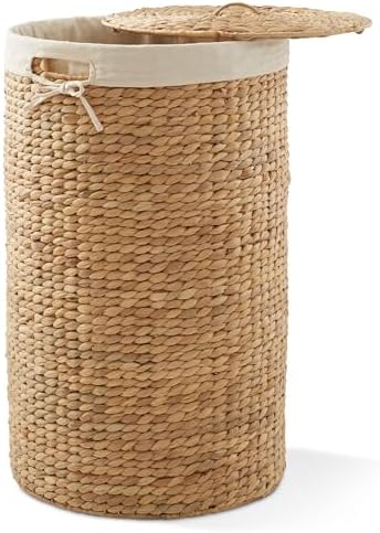 Casafield Round Laundry Hamper with Lid and Removable Liner Bag - Natural, Woven Water Hyacinth Wicker Laundry Basket for Clothes and Towels by Casafield