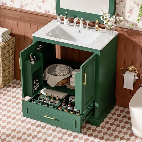 Harper & Bright Designs 30" Bathroom Vanity with Sink, Free Standing Single Basin Vanity with Divided Drawer & 2 Doors with Double Shelf, Wooden Storage Cabinet with Ceramic Basin for Bathroom, Green by HarperBrightDesigns