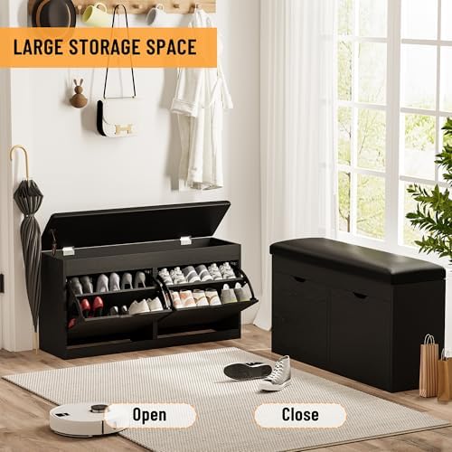 40" Shoe Storage Bench with Flip Drawers Padded Seat Cushion, Shoe Cabinet with Lift Top Storage Box, Shoe Bench Shoe Organizer for Entryway, Hallway, Living Room, Black - Image 7