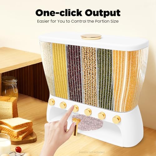 Dry Food Dispenser, Wall mounted 6 Grid Beans Dispenser, 25 pounds(10Kg) Rice dispenser Kitchen Storage with Measuring Cup, Press-Type Funnel, Transparent Design for Grains/Cereals - Image 5