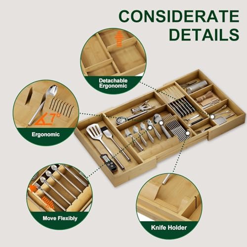 Bamboo Silverware Drawer Organizer, 17.72-29.53 Inch Expandable Large Kitchen Drawer Organizer, 5-8 Slot Flatware with Removable Card Slots & Knife Block for Spoon Butter Knive, Natural - Image 4