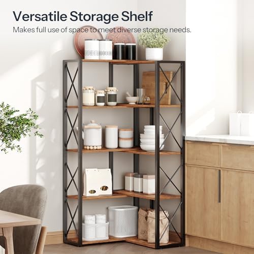 HOOBRO Corner Bookshelf, 5-Tier Industrial Corner Bookcase, Open Display Storage Rack, Vertical or L-Shaped, for Office, Living Room, Bedroom, Rustic Brown and Black BF66SJ01 - Image 4