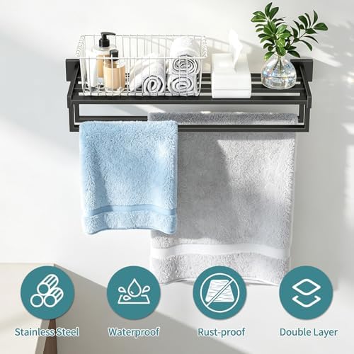 STWWO Towel Racks for Bathroom Wall Mounted, 24 Inch Black Double Towel Bar - Image 2