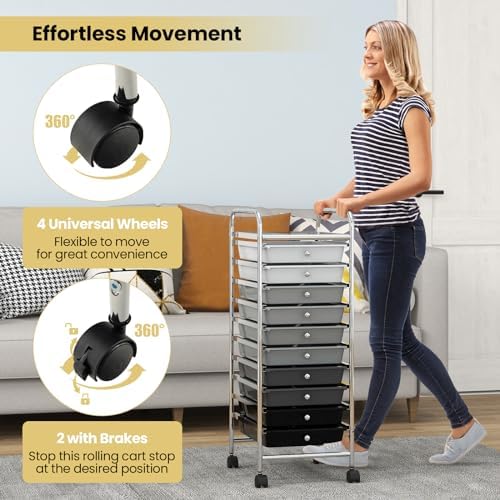 COSTWAY 10-Drawer Rolling Storage Cart, Utility Mobile Trolley - Image 3