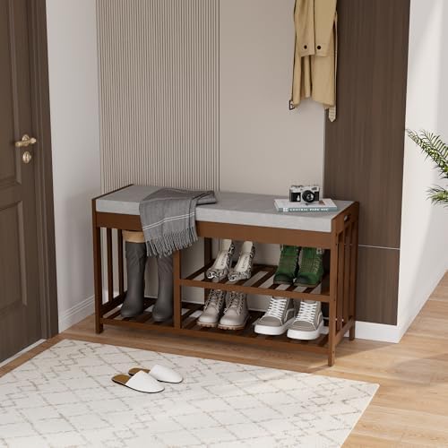 Bamboo Shoe Storage Bench with Cushioned Seat 3-Tier Entryway Shoe Rack by HEALTHYYOU