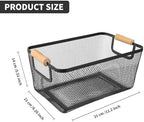 2 Pack 12" Wide Metal Mesh Baskets with Bamboo Handles for Pantry Organization | Wire Storage Bins for Kitchen, Cabinet, Fruit & Snacks | Decorative Farmhouse Style Organizer - Image 2