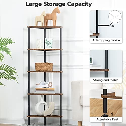 HOOBRO Corner Shelf Stand, Industrial 5-Tier Corner Bookshelf with Metal Frame, Plant Display Shelf, Small Bookcase for Small Spaces, Bedroom, Living Room, Rustic Brown BF33CJ01 - Image 5