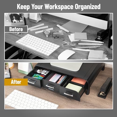 Mind Reader Monitor Stand, 3 Storage Drawers, Desktop Organizer, Riser, Office, 13.5"L x 13"W x 4"H, Set of 2, Black - Image 5