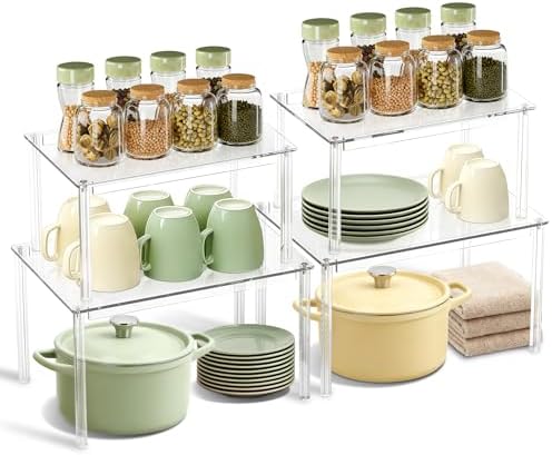 Clear Kitchen Cabinet Organizer, Set of 4 Stackable Spice Rack, Acrylic Shelves for Pantry Organizers and Storage, Tiered Spice Organization for Cabinet, Shelf Organizer for Desk Countertop by BOMOKSHomeAccessories