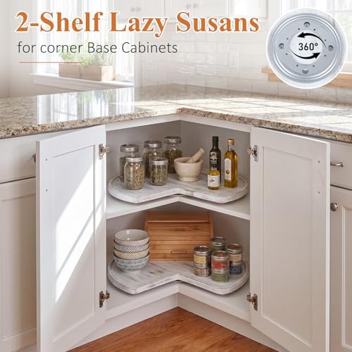 Leinuosen 2 Pcs 24in/28in/32in Banded Pine Wood Full Kidney Shaped Lazy Susan for Corner Base Cabinets with Iron Swivel Bearing for Kitchen Turntables, Not Include Metal Rod(28 Inch,White) - Image 5
