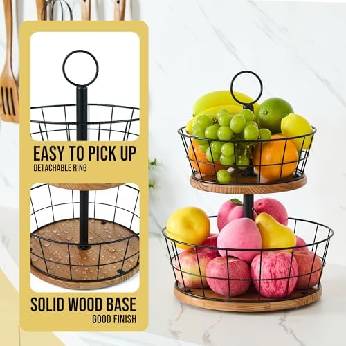 WILDMOS 2 Tier Fruit Bowl - Sturdy Iron Wire Fruit Basket with Real Wood Base, 12 Inch Large Fruit Basket for Kitchen Counter, Anti-Slip Silicone Pads, 2 Tier Fruit and Vegetable Storage Solution - Image 3