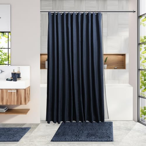 Clara Clark Bathroom Accessories Set - 27PC Bathroom Set with Adhesive Corner Shower Caddy Hanging, Bathroom Sets with Shower Curtain and Rugs, Navy Blue Shower Curtain Set with Bathroom Trash Can - Image 2