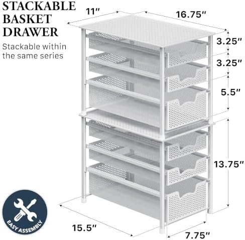 Simple Houseware 3 Tier White Alloy Steel Sliding Basket Organizer Drawer Cabinet - Image 2