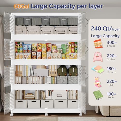1200QT Extra Large Stackable Storage Bins with Lid, 300Gal Plastic Closet Organizers and Storage Drawer, Collapsible Cabinet Box with Wheels Clear Doors for Home Kitchen Office, 5Pack White - Image 3