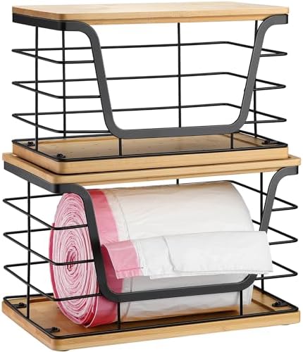 ALOCEO 2 Pack Large Garbage Bag Dispenser for 13/30/33 Gallon Bags, Potato and Onion Storage Baskets with Bamboo Lid, Stainless Steel Stackable Storage Bins for Kitchen Laundry Pantry Room - Image 4