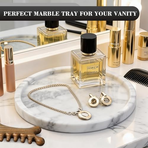 Natural Round Marble Tray - 7.8" Marble Vanity Tray for Dresser, Bathroom, Decorative Jewelry Dish for Perfumes Rings Earrings Necklaces, Stone Tray for Home Décor, White - Image 3