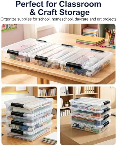 EOENVIVS 4 Pack Clear Storage Bins with Lids, Stackable A4 & US Letter File Box Organizers, Craft Storage Bins and Sensory Bins for Classroom, Kids Art Supplies, Documents and Projects, Black Latches - Image 4