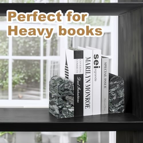 Koville South African Natural Marble Bookends for Shelves, Non-Slip Book Ends, 13LBS Ultra Heavy Duty Marble Book Holder Organizer, Apartment Decor for Movies/CD/Video Games(Olive Green) - Image 4