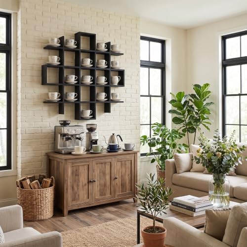 Suzile 5x5 Wall Shelf for Tea Cups Saucers, Rustic Wood Rack, Black - Image 3