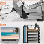 LEKETREE Desk Organizers and Accessories, 5-Tier Paper Letter Tray Organizer with File Holder, Desktop Organizer for Office Supplies (Wood) - Image 4