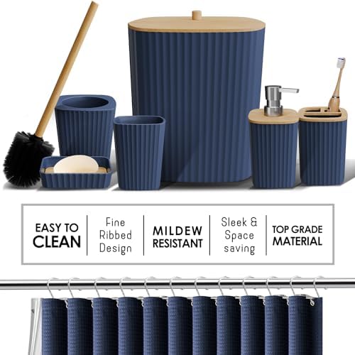 Clara Clark Bathroom Accessories Set - 27PC Bathroom Set with Adhesive Corner Shower Caddy Hanging, Bathroom Sets with Shower Curtain and Rugs, Navy Blue Shower Curtain Set with Bathroom Trash Can - Image 4