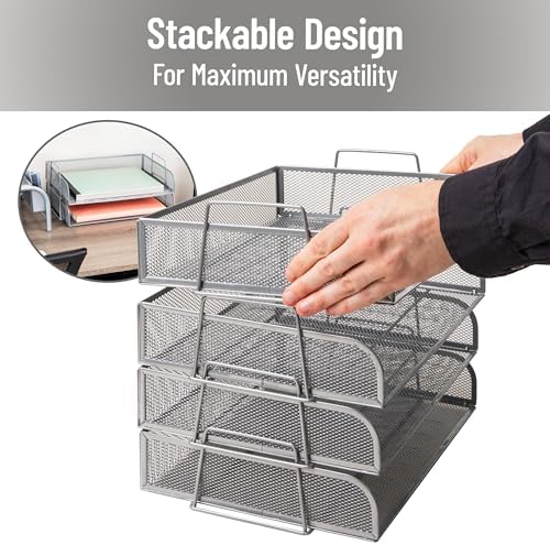 Mind Reader Stackable Paper Tray, Desktop Organizer, File Storage, Office, Metal Mesh, 4 Pcs., Silver - Image 4