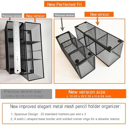 2-Pack Metal Mesh Pencil Holder, Spacious 3-Compartment Desk Organizer for Pens, Makeup Brushes, Utensils, Desktop Storage for Home, Office, School, Kitchen, 10.43x3.35x4.04 Inch, Black - Image 4