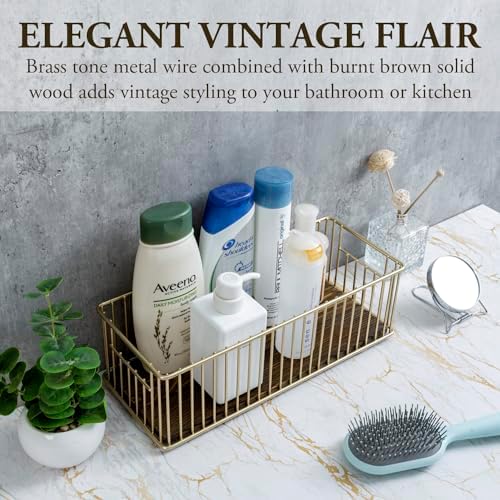 MyGift Brass Tone Metal Toilet Paper Holder with Rustic Wood Base Tray - Image 2