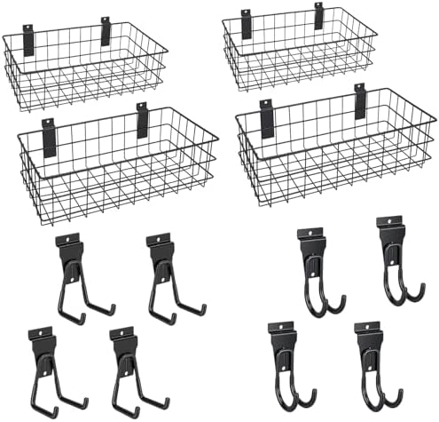 12 Pack Slatwall Organizer Kit with 4 PCs Slatwall Baskets (10.5 to 13.5 Inches) and 8 PCs Slat Wall Hooks Black Steel Slatwall Accessory for Garage, Retail Display and Home Storage (Black) by Unknown