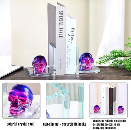 Glass Skull Book Ends for Shelves with Black and Purple Crystal Skulls - Image 4