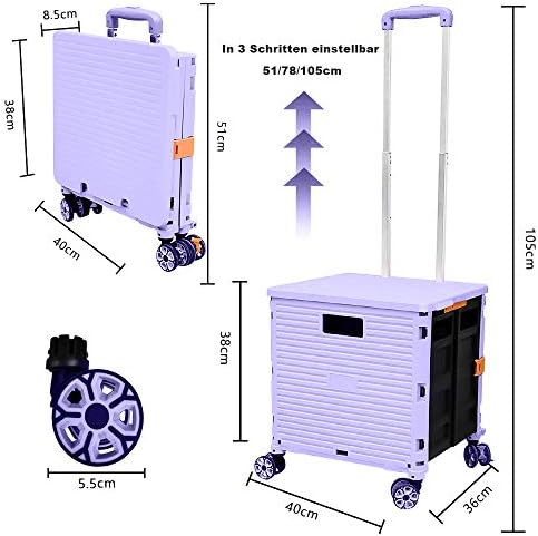 Foldable Utility Cart Folding Portable Rolling Crate Handcart Shopping Trolley Wheel Box with Lid Wear-Resistant Noiseless 360°Rotate Wheel for Travel Shopping Moving Storage Office Use (Purple) - Image 7