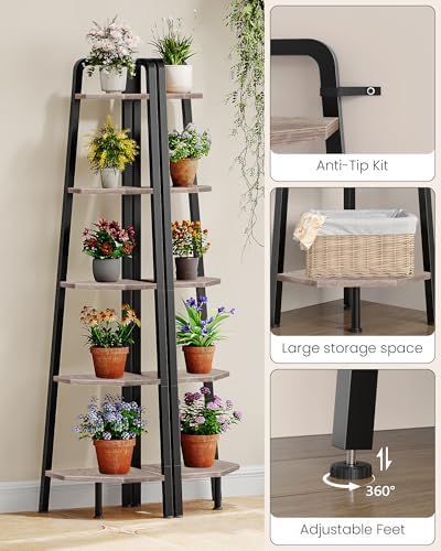 CHOEZON Corner Shelf, 5-Tier Ladder Corner Shelf, Ladder Bookshelf, 59.6" Tall Vertical Display Stand, Metal Frame Bookshelf, for Living Room, Bedroom, Kitchen, Greige and Black TCJ20BG - Image 5