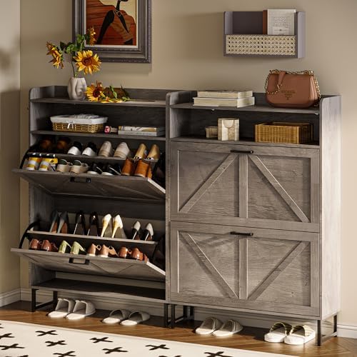 Wodeer Shoe Storage Cabinet with 2 Flip Drawers, Narrow Wood Shoe Cabinet Storage for Entryway with Metal Legs & Hooks, Adjustable Shelves, Freestanding Shoe Rack Organizer for Foyer, Hallway, Grey - Image 4