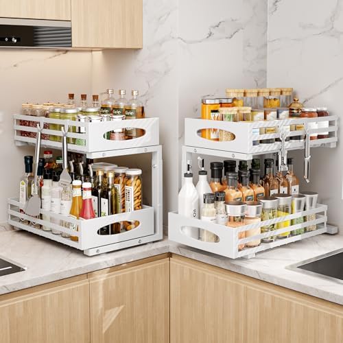 Under Sink Organizer, 2 Tier Under Sink Organizers and Storage, Adjustable Height, Slide out Metal Cabinet Organizers, Pull out Cabinet Storage Drawer Shelf for Kitchen Bathroom (White, 2 Pack) - Image 2