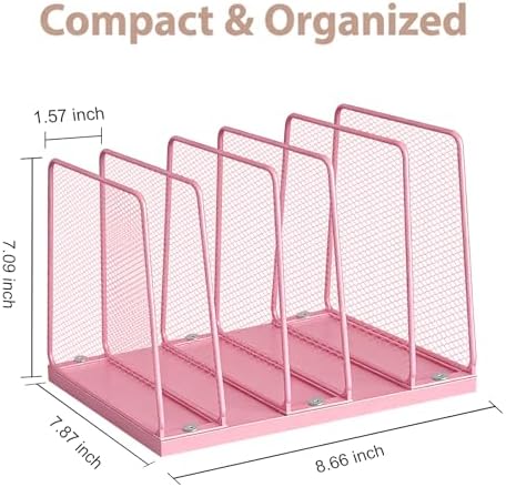 5-Section Vertical File Organizer for Desk, Sturdy Wood Base & Metal Mesh Desktop File Holder, Upright Paper Folder Sorter for Office Supplies（Pink） - Image 2