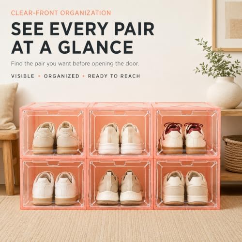 Stackable Clear Pink Shoe Boxes 6 Pack with Magnetic Door, Drop Front Sneaker Storage Organizer for Closet, Large Transparent Plastic Shoe Storage Containers - Image 2
