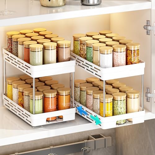Pull Out Spice Rack Organizer for Cabinet, 2 Pack Widen Slide Out Spice Racks Organizer, Spice Cabinet Organizers, Cabinet Size Need:12'' Highx11'' Deepx6.75'' Wide,Hold 15 Spice Jar Each Tier-2Tier by DABIGE