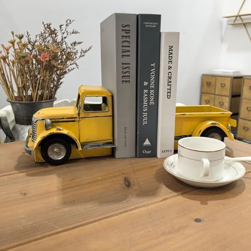 Decorative Book Ends Vintage Bookends: Metal Truck Book Stopper for Kid Books for Grandson Men Teen - Farmhouse Decor for Bookcase Shelf Table Coffee Bar Office Home Yellow - Image 5