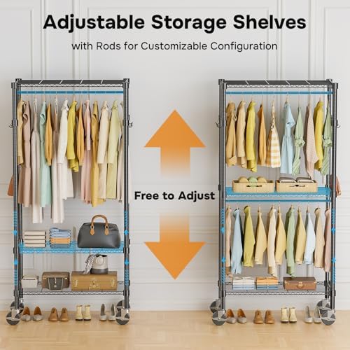 Simple Deluxe Rolling Clothes Rack, Heavy Duty Clothing Rack, 3-Shelf Portable Adjustable Wardrobe Closet with Wheels, Hanging Rods & Side Hooks, 29.5" W x 15.7" D x 75.6" H, Black - Image 5