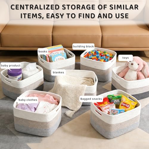 4 Pack Storage Baskets for Organizing, 11''Lx9''Wx8''H Woven Baskets for Storage Toys, Towels, Books, and Clothes, Cotton Rope Basket for Shelves with Handle - Image 6