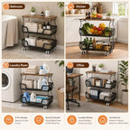 Fruit and Vegetable Storage, 2 Pack 3 Tier Fruit Basket with Wooden Top Table Kitchen Pantry Storage Bins and Organizers, Stackable Metal Rolling Cart for Vegetable Snacks Drinks Onion Organization - Image 3